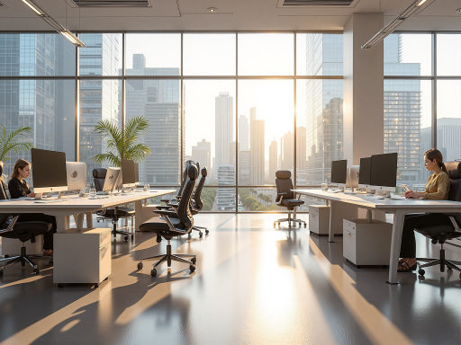 现代化办公环境，开放式工作区域，多名员工正在讨论项目，白色办公桌椅，明亮室内光线，专业商务氛围