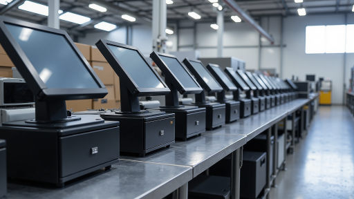 连锁零售店内部，POS收银系统，员工正在操作销售终端，现代化零售环境，明亮商业照明